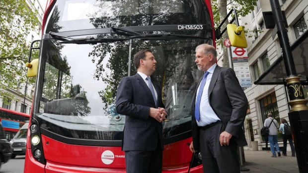 Trade Minister Steve Ciobo and Tower Transit director Neil Smith. 