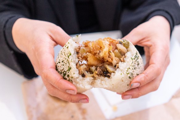 Glutinous rice log stuffed with youtiao (Chinese doughnut) and pickled mustard greens at Blissful Station, Box Hill.