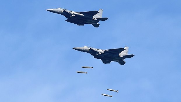South Korean F-15K fighters drop bombs during training in August.