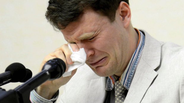 Otto Warmbier cries while speaking to reporters in Pyongyang, North Korea, in February 2016.