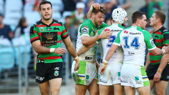 One-way traffic: Elliot Whitehead celebrates one of Canberra's 10 tries against Souths.