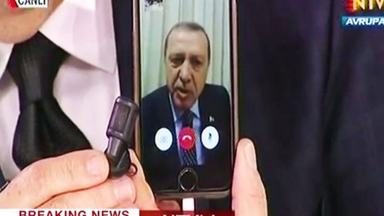 Turkey's President Erdogan addresses nation via mobile phone as military declare takeover. 