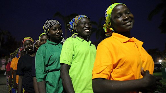 Chibok school girls recently freed from captivity wait to meet with Nigeria's President, Muhammadu Buhari, at the Presidential palace in Abuja, Nigeria, last May.