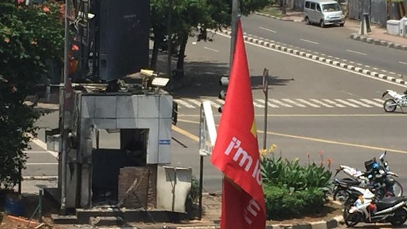 The site of a blast in central Jakarta.