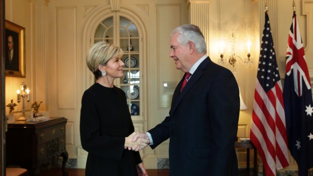 Julie Bishop and US Secretary of State Rex Tillerson meet at the State Department in Washington in February. 