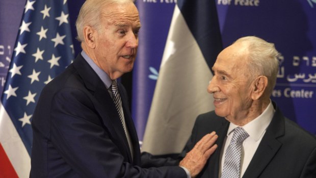 Former Israeli president Shimon Peres, right, and US Vice-President Joe Biden during their meeting at the Peres Centre for Peace in Jaffa. 