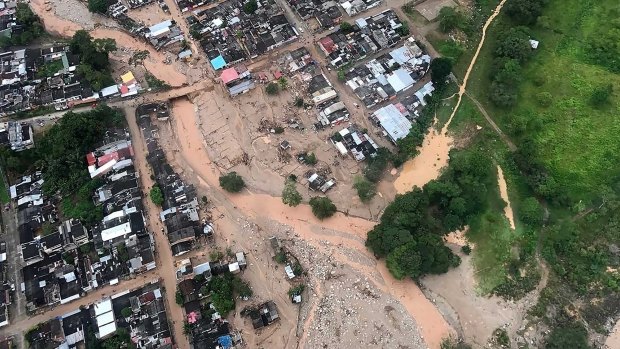 An aerial view of a portion of Mocoa, Colombia on Saturday after an avalanche of water swept through the city as people slept.