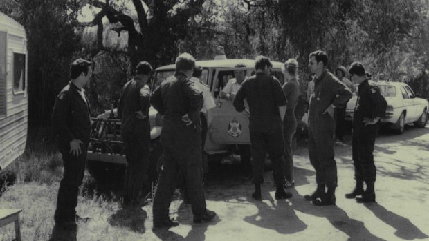 December 1980: Victoria Police at search HQ during the hunt for clues at the site in Tynong North where three female bodies were discovered. 