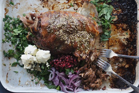 Zaatar roasted lamb shoulder with pomegranate salad.