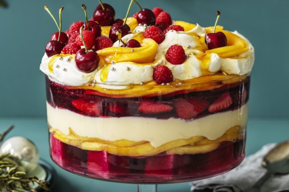 Mango and berry trifle with cranberry jelly.