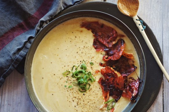 Creamy leek, potato and bacon soup with crispy prosciutto.