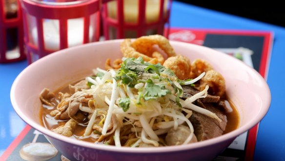 Beef boat noodles with egg noodles at Soi 38 in the CBD. 