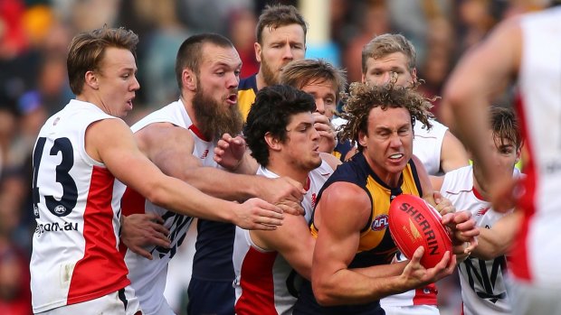 Matt Priddis was almost a lone hand in providing pressure on the Melbourne midfield at times.
