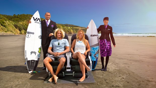Kiwi surfers Ricardo Christie and Paige Hareb with Air New Zealand Flight Attendants in Surfing Safari.