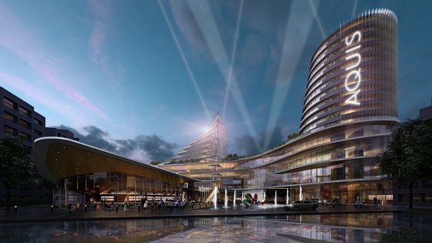 Artist's impression of the Aquis development (view of the rebuilt Casino Canberra standing with back to Glebe Park). 