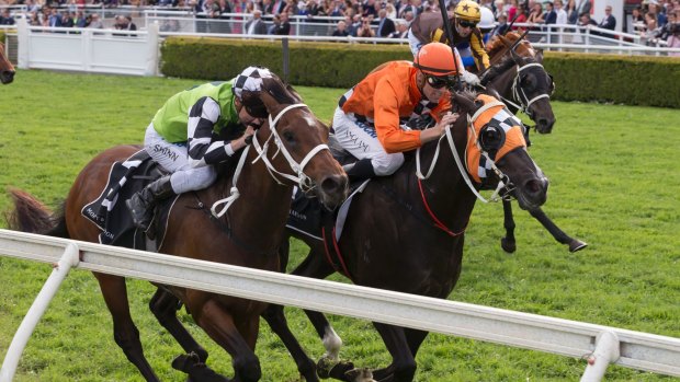 Tye Angland, in orange, was fined for excessive whip use in  the Spring Champion Stakes on Saturday.