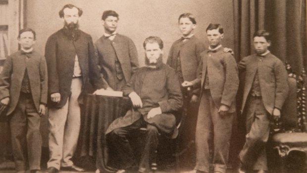 Bruce Missen's grandfather, Robert Mills, far left, as a student at the Victorian College for the Deaf in the 1860s: next to him is the school's founder, Frederick Rose.