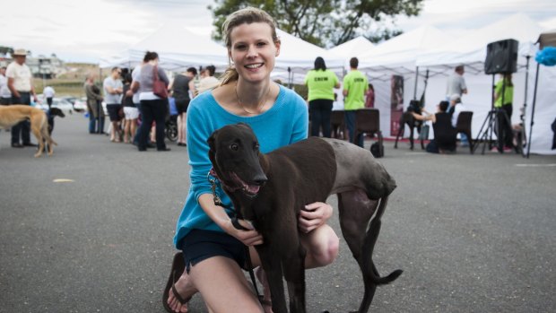 With top fundraiser Gabi Openshaw and her three-legged greyhound Lucky.