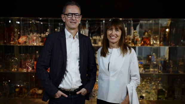 Director of the Art Gallery of NSW, Michael Brand,  and deputy director Maud Page in front of Janet Lawrence's 'The matter of the masters', an art installation inspired by conservation research undertaken on old Dutch masters at the Rijksmuseum. 