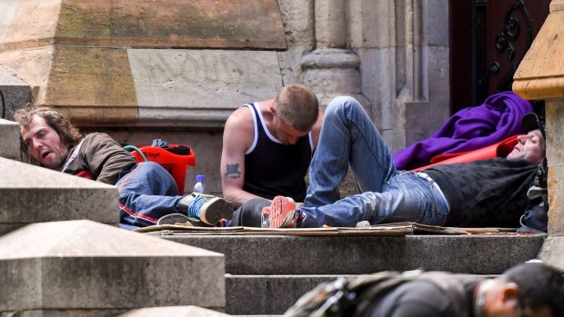 Some of  the homeless people from Flinders Street were camped at St Paul's Cathedral last month. 