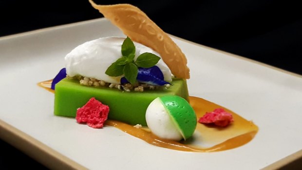Banyan Tree Bintan's pandan layer cake has flavours of pandan and coconut and is topped with a quenelle of jackfruit ice-cream.