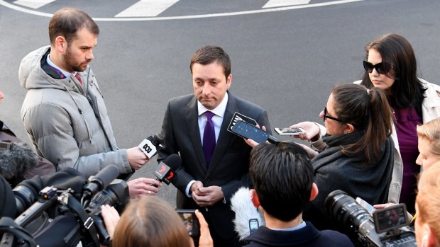 Matthew Guy answers questions last week about his dinner with alleged Mafia boss Tony Madafferi.