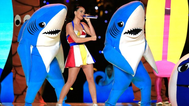 Katy Perry performs with her left and right shark during the Pepsi Super Bowl show at University of Phoenix Stadium in February.