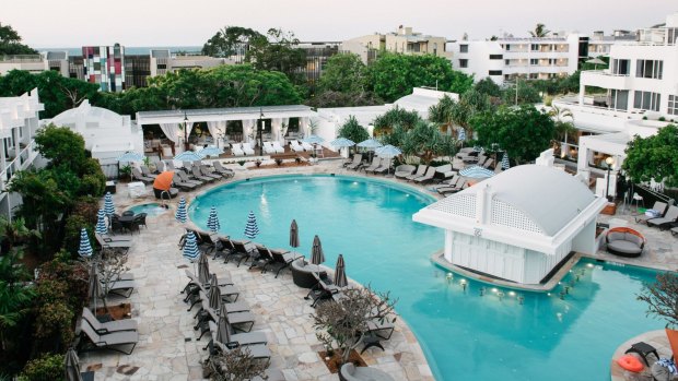 Sofitel Noosa Pacific Resort's rentable cabanas line the Hastings Street end of the resort's pool area.