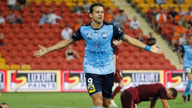 In charge: Sydney FC's Bobo celebrates after scoring at Suncorp Stadium in Brisbane on Monday.