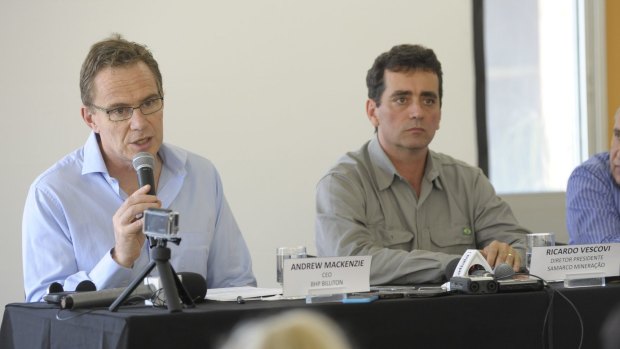 BHP boss Andrew Mackenzie, left, and Samarco CEO Ricardo Viscovi at a news conference in the days after the disaster. 