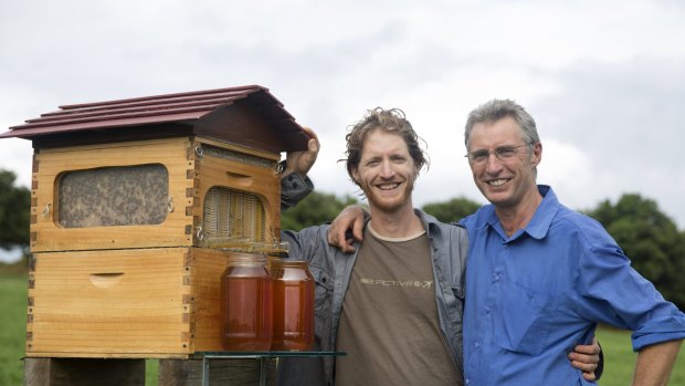 Father and son Stuart and Cedar Anderson with their invention the Flow Hive, which has been  patented around the world.
