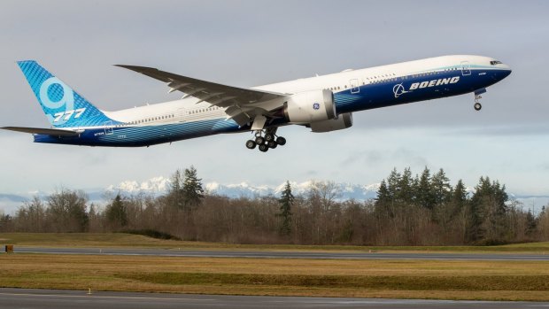 The Boeing 777X takes off on its inaugural flight from Paine Field in Everett, near Seattle.