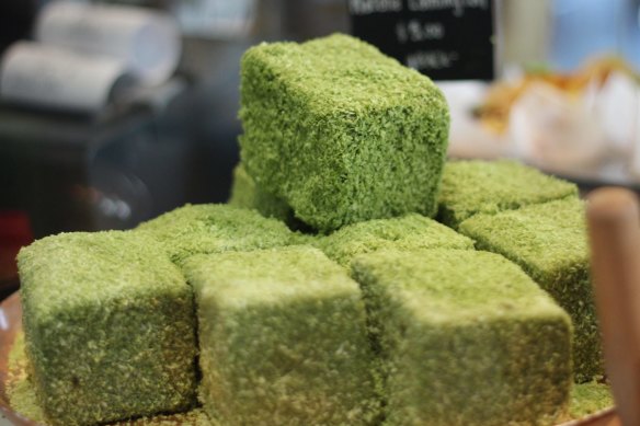 Matcha lamingtons at Oratnek Cafe.