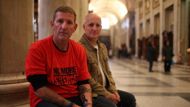 Paul Levey and Andrew Collins, victims of child abuses involved in the Cardinal Pell case inside the Cathedral of Santa Maria Maggiore.