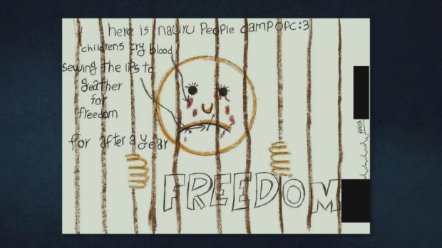 "Childrens cry blood": A drawing by a child in immigration detention on Naura, from Eva Orner's documentary <i>Chasing Asylum</i>.
