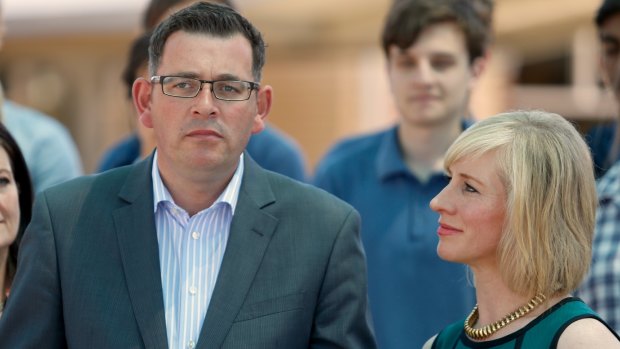 Opposition Leader Daniel Andrews with wife Catherine at the announcement at Carrum Downs Secondary College.