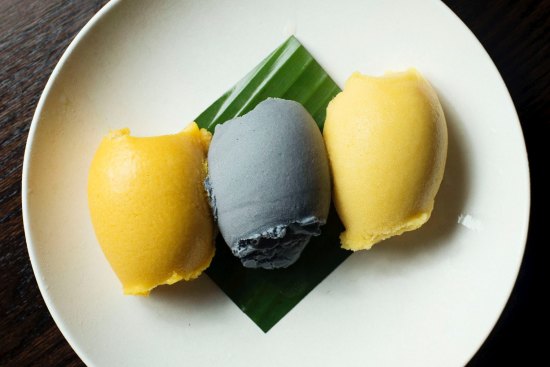 Three sorbets - charcoal coconut, mango lychee and yuzu passionfruit.