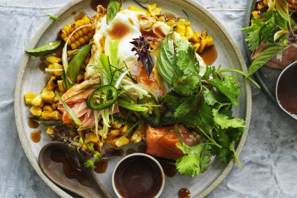 Corn and smoked trout salad crowned with a crisp-fried egg.