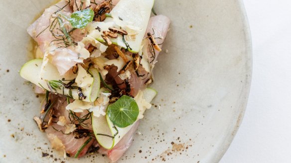 Go-to dish: Raw kingfish with smoked eel, shiso, walnut and apple.