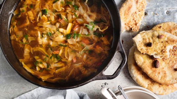 Chorizo cabbage soup goes really well with our pita bread.