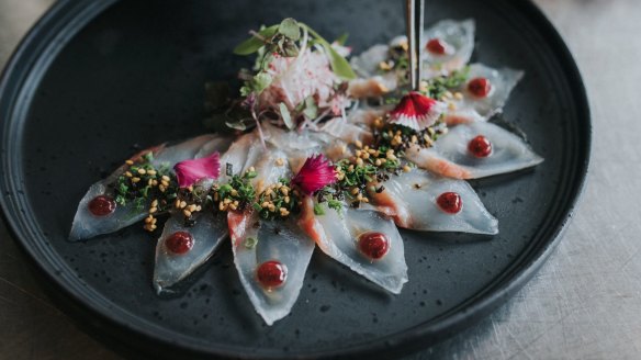 Snapper with truffled tosazu, shio kombu and umeboshi at Yamagen.