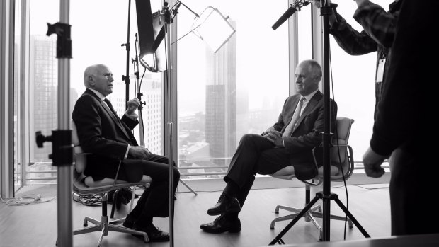 John Howard and Prime Minister Malcolm Turnbull during the filming of an ABC production.