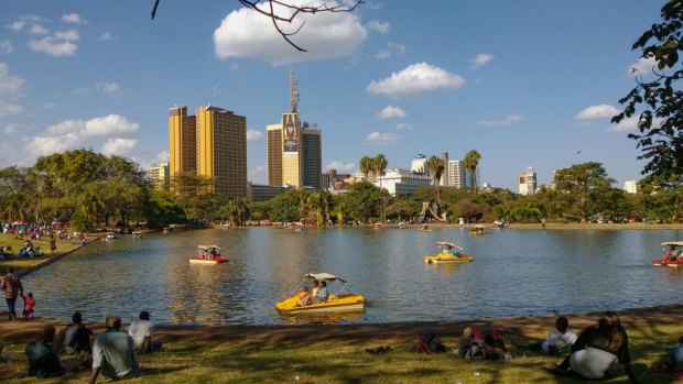 The Nairobi City skyline seen from Uhuru Park.