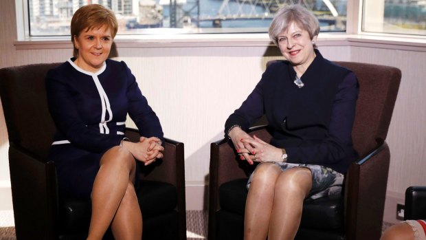Britain's Prime Minister Theresa May, right, and Scotland's First Minister Nicola Sturgeon in March.