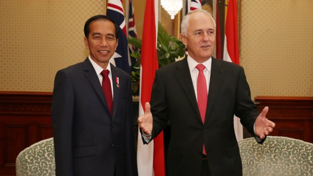 Malcolm Turnbull and Indonesia President Joko Widodo at Admiralty House in Sydney on Sunday.