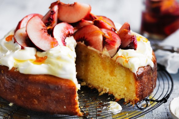 Neil Perry's Coconut and Yoghurt Cake with Fresh Peach Compote.