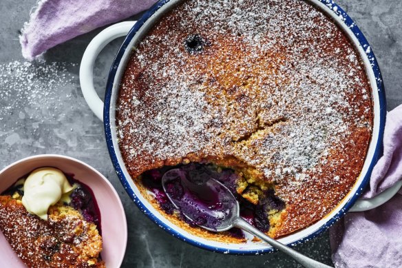 Blueberry pudding with a vanilla sponge top.