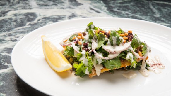 Lebanese snapper with silverbeet, sumac, tahini, currants and pinenuts.