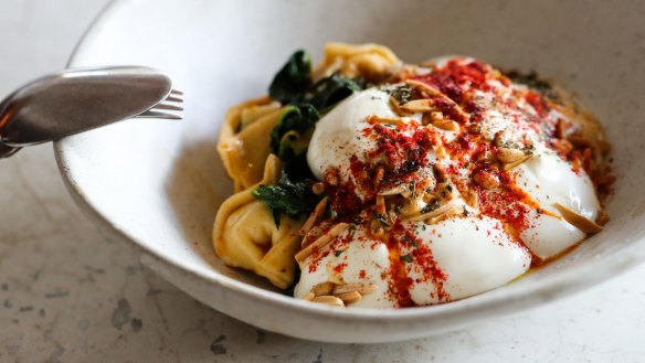 Prawn dumplings shish barak, fermented chilli butter, yoghurt, nuts, chickpea.