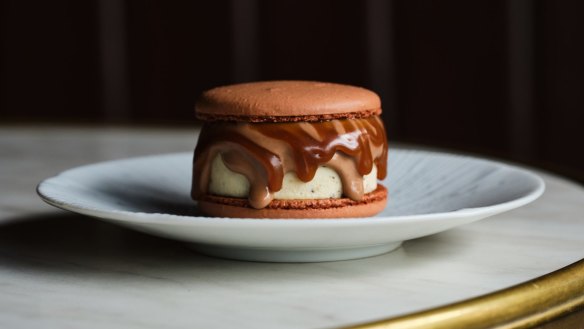 Wattleseed ice-cream sandwich with miso caramel and ganache.